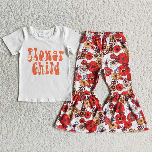 rts no moq C9-14 flower top print flared pants set