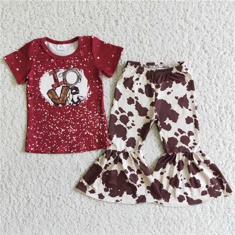 E2-3 LOVE Red Short Sleeve Top Cow Spot Flared Pants Set