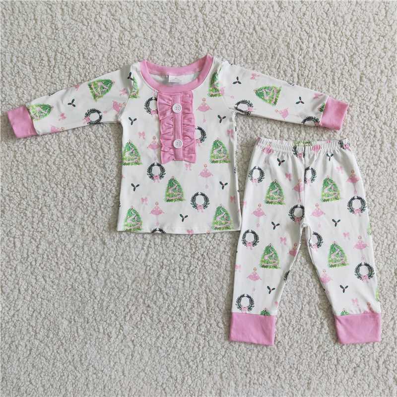 6 A16-27 Girls Christmas Tree Long Sleeve Pajamas