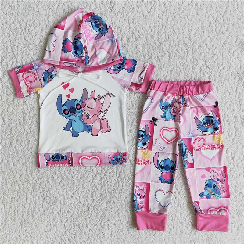 RTS NO MOQ Baby Girl Valentine Hodded Short Sleeve Top Pants Set