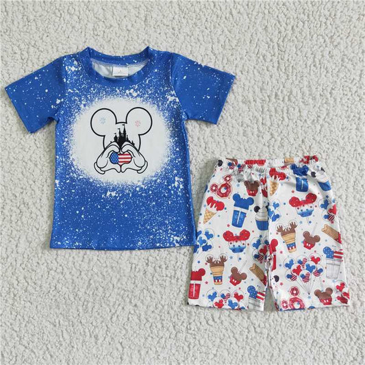 rts no moq BSSO0068 Boys Blue National Day Mickey Castle Short Sleeve Shorts Set