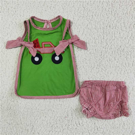 GBO0048 Girls green sleeveless briefs set with car embroidery