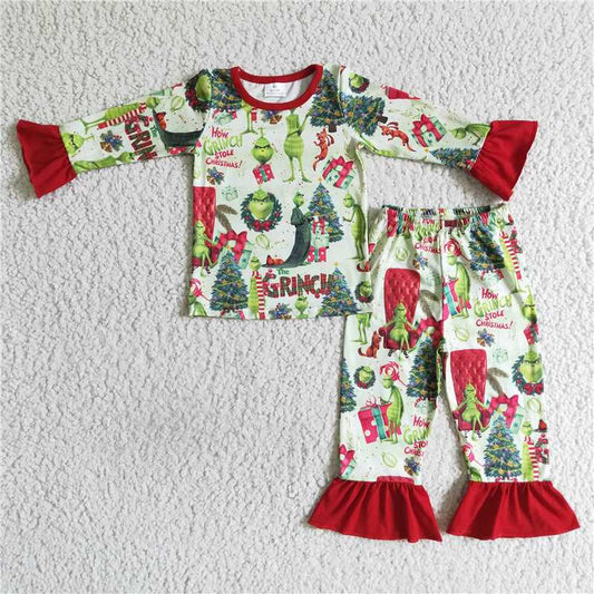 Girls grinch Christmas tree long sleeve pants suit