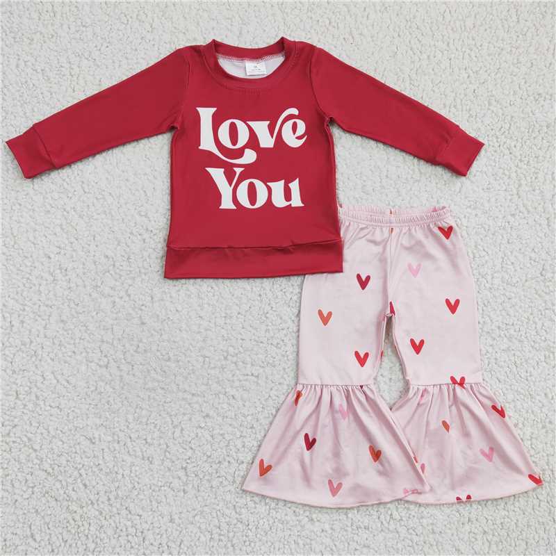 RTS NO MOQ  Baby Girls Valentine Love red Top Pants Clothes Sets