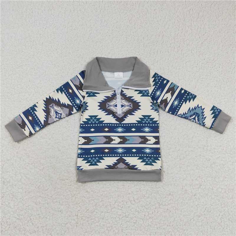 RTS NO MOQ Western Wash Face Long Sleeve Zip Top Aztec geometric figures