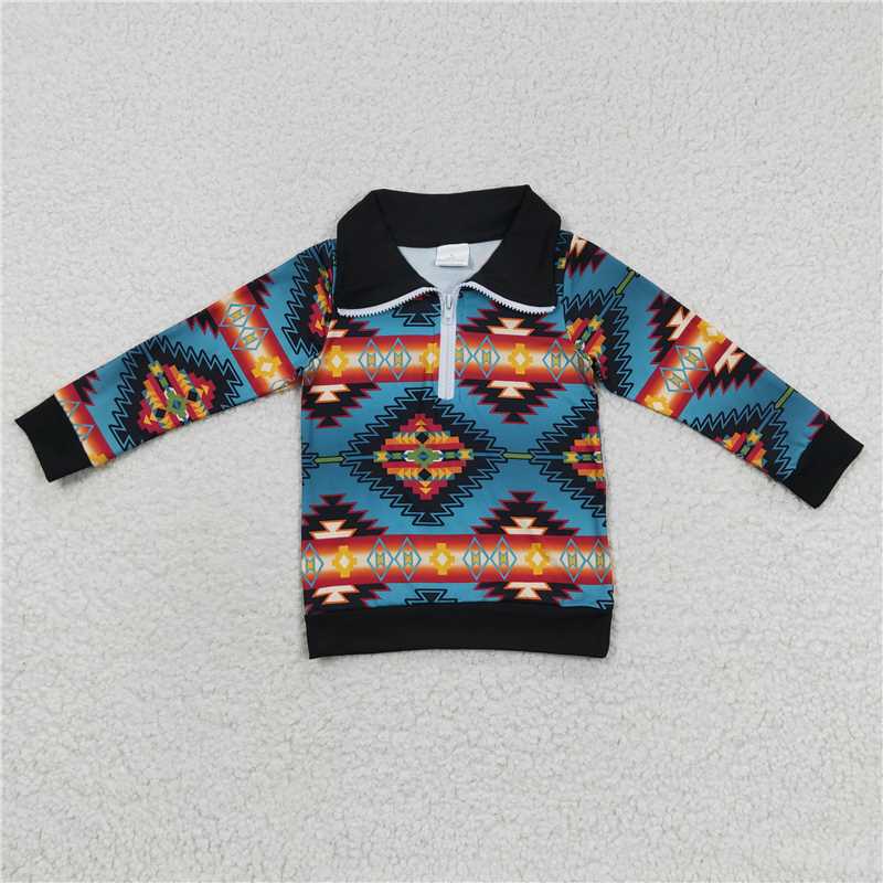 RTS NO MOQ Western Wash Face Long Sleeve Zip Top Aztec geometric figures