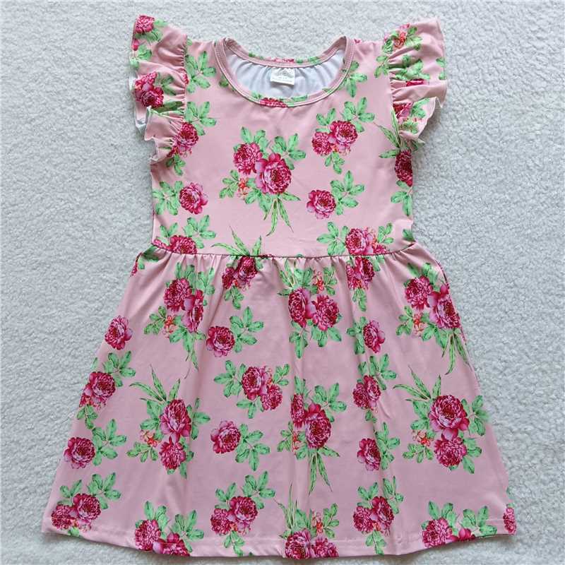 Rose red flower green leaf pink flying sleeve dress 玫红色花朵绿叶粉色飞袖裙