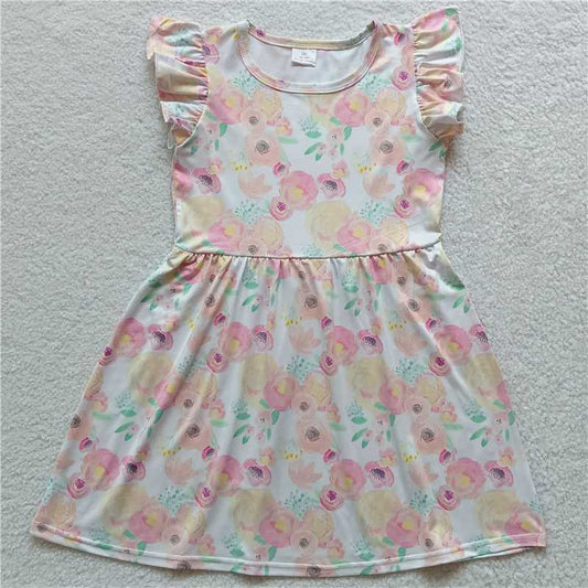 Pink and yellow floral white flying sleeve dress 粉黄色花白色飞袖裙