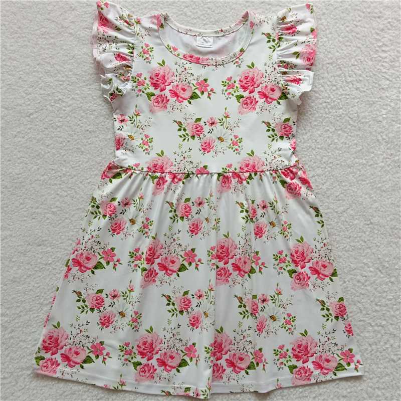 Pink floral green leaf white flying sleeve dress 粉色花绿叶白色飞袖裙