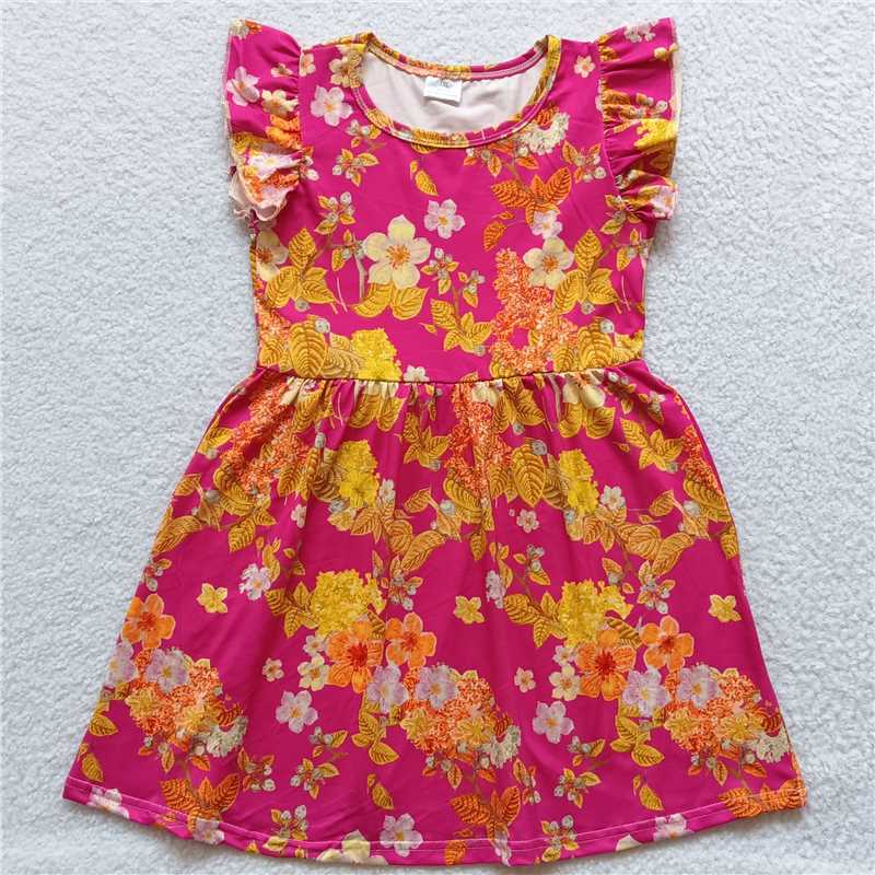 Orange flower yellow leaves rose red flying sleeve dress 橘色花黄色叶子玫红色飞袖裙