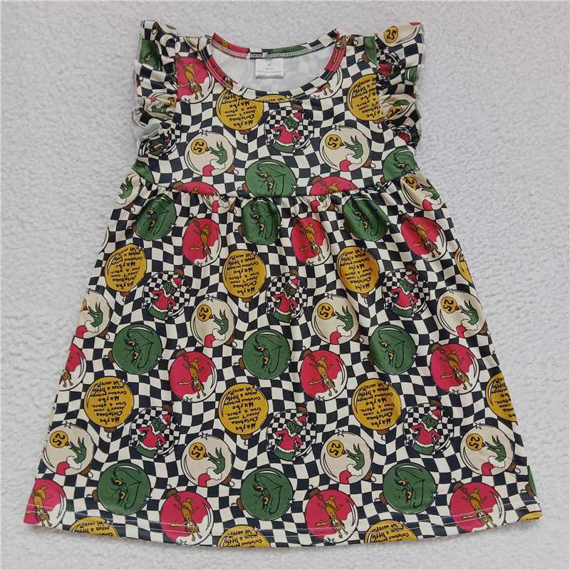 Green monster black and white plaid flying sleeve dress 绿怪黑白格子飞袖裙