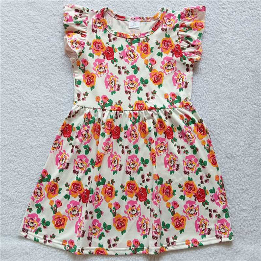 G4-9-7\ Pink and yellow flower green leaf white flying sleeve dress
