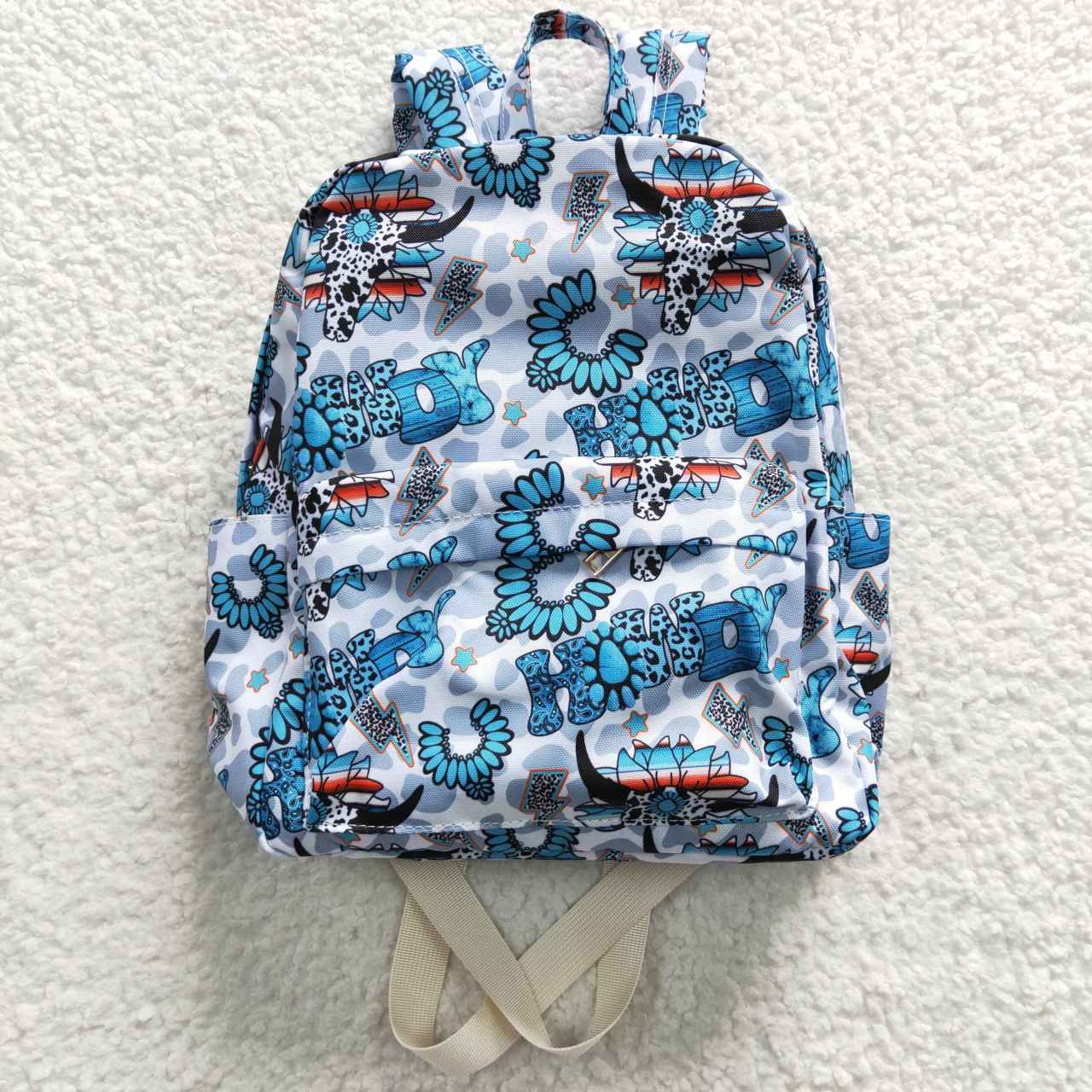 BA0076-M- howdy sapphire blue and white leopard print backpack