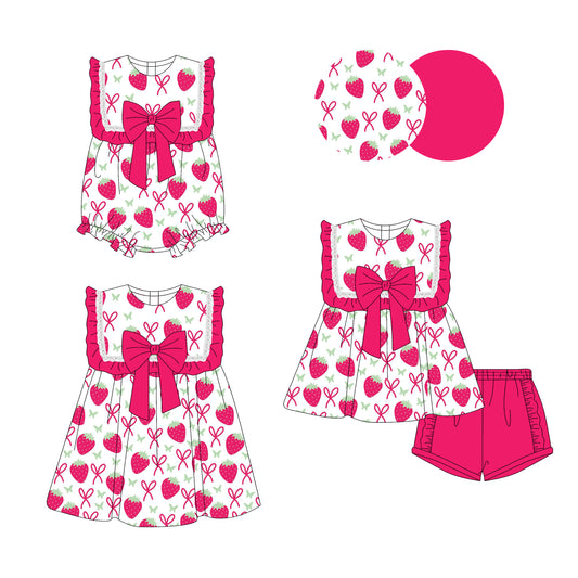 3.17 custom each style moq 5eta 4-6week Sibling Sisters strawberry bow baby girl short sleeve shorts sets and dress and rompers match family design