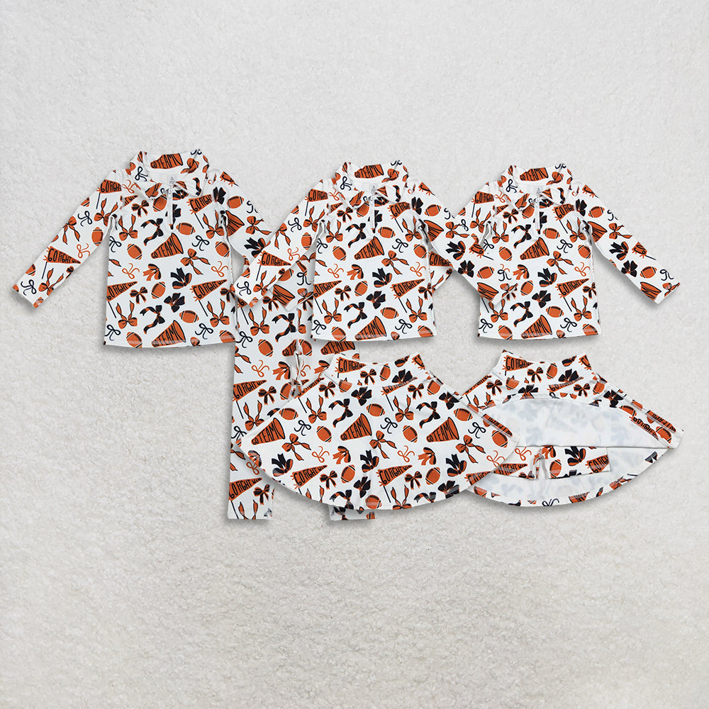 RTS NO MOQ Sibling baby girl clothes team cheer bow long sleeve skirts sets and pants sets