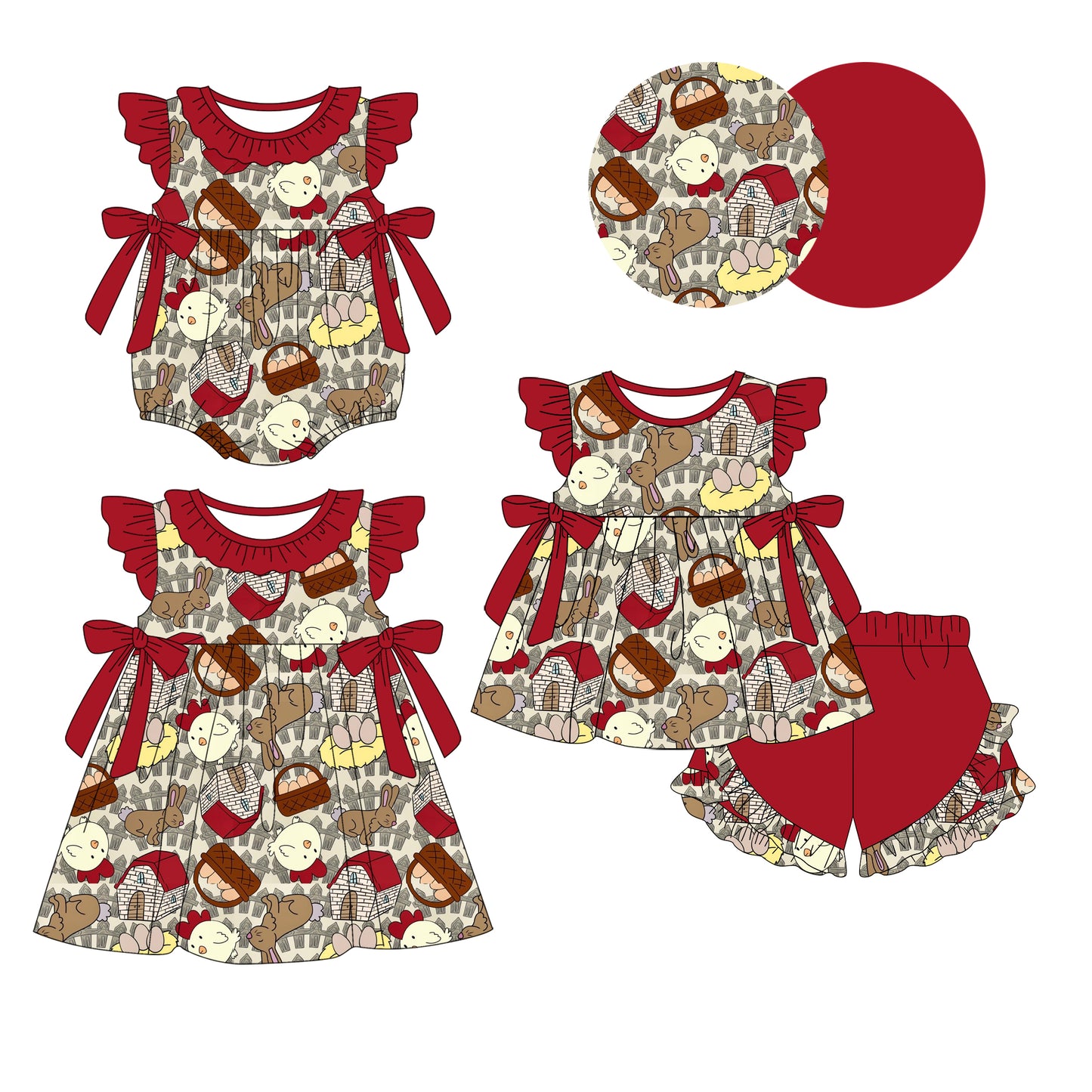 26.1.6 custom each style moq 5 eta 6-8week Sibling Sister easter baby short sleeve shorts sets and romper and dress match design