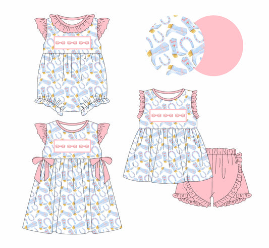 1.23 custom each style moq 5eta 4-6week Sibling Sisters bow baby girl short sleeve shorts sets and dress and rompers match family design