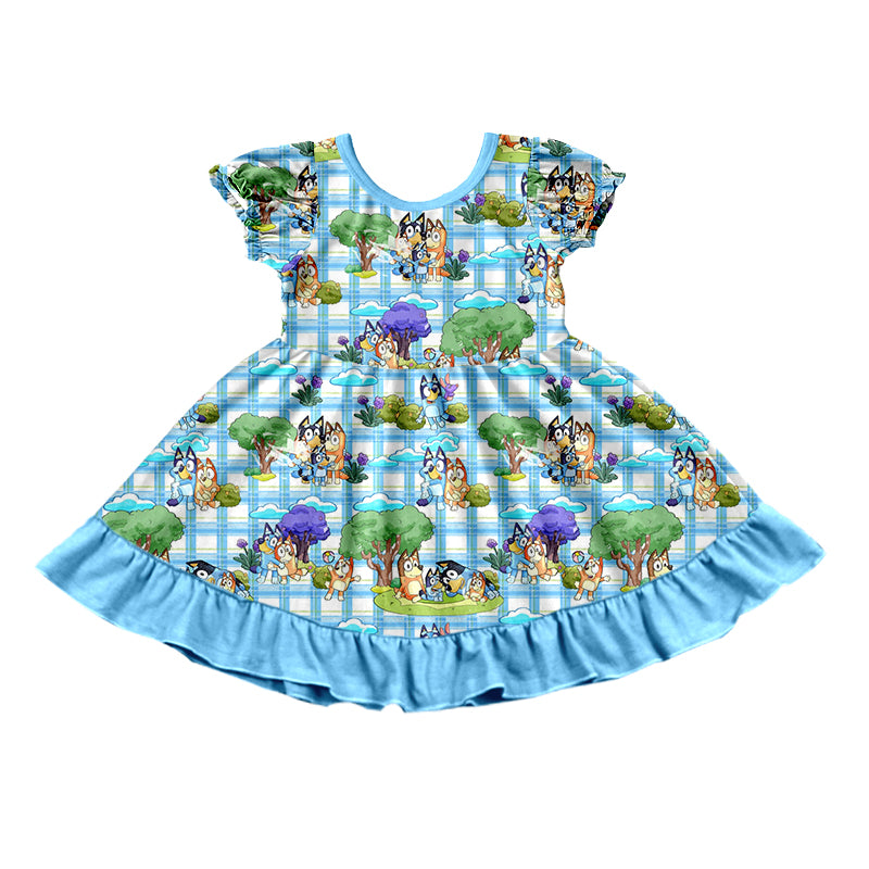 5.1（1）custom each style moq 5eta 4-5week Sibling Sister cartoon character prints blue plaid boys and girls outfit and baby romper match family design