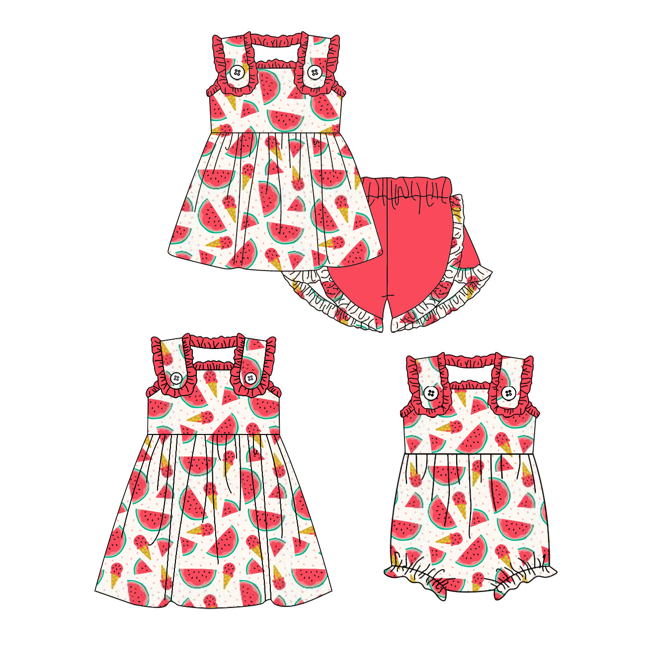 1.24 custom each style moq 5eta 4-6week Sibling Sisters watermelon baby girl short sleeve shorts sets and dress and rompers match family design