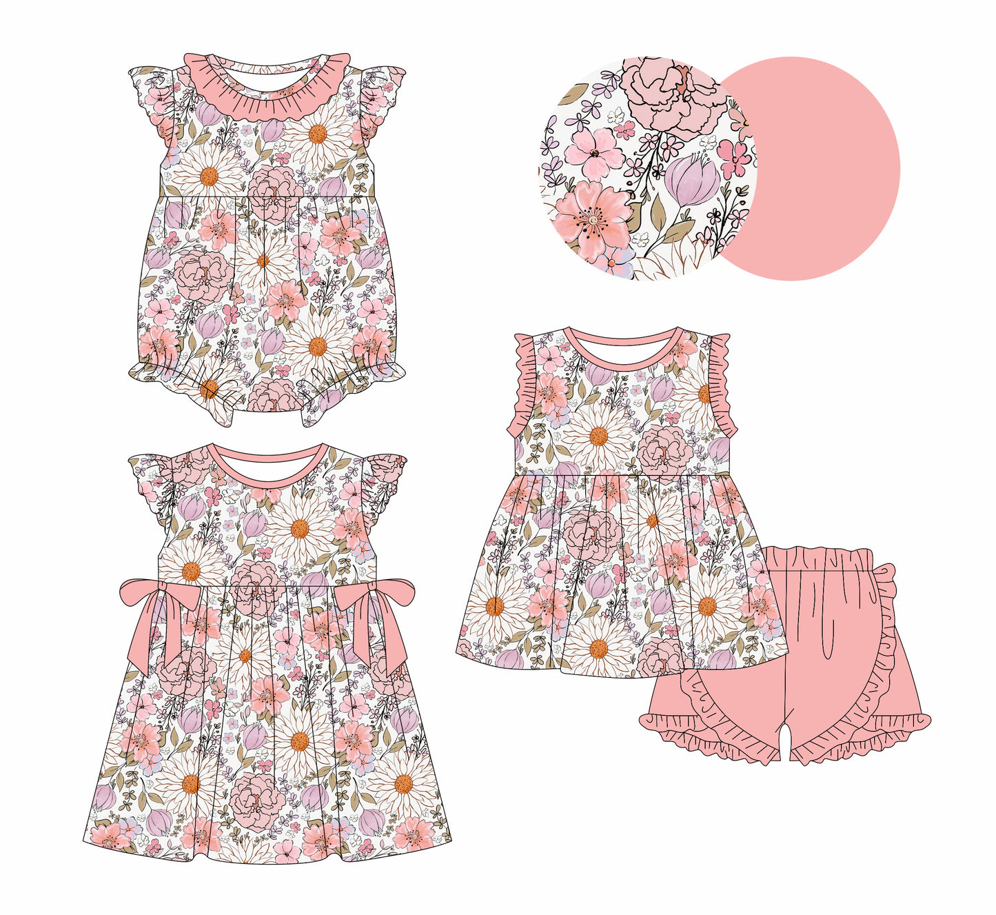 1.13 custom each style moq 5eta 4-6week Sibling Sisters floral baby girl short sleeve shorts sets and dress and rompers match family design