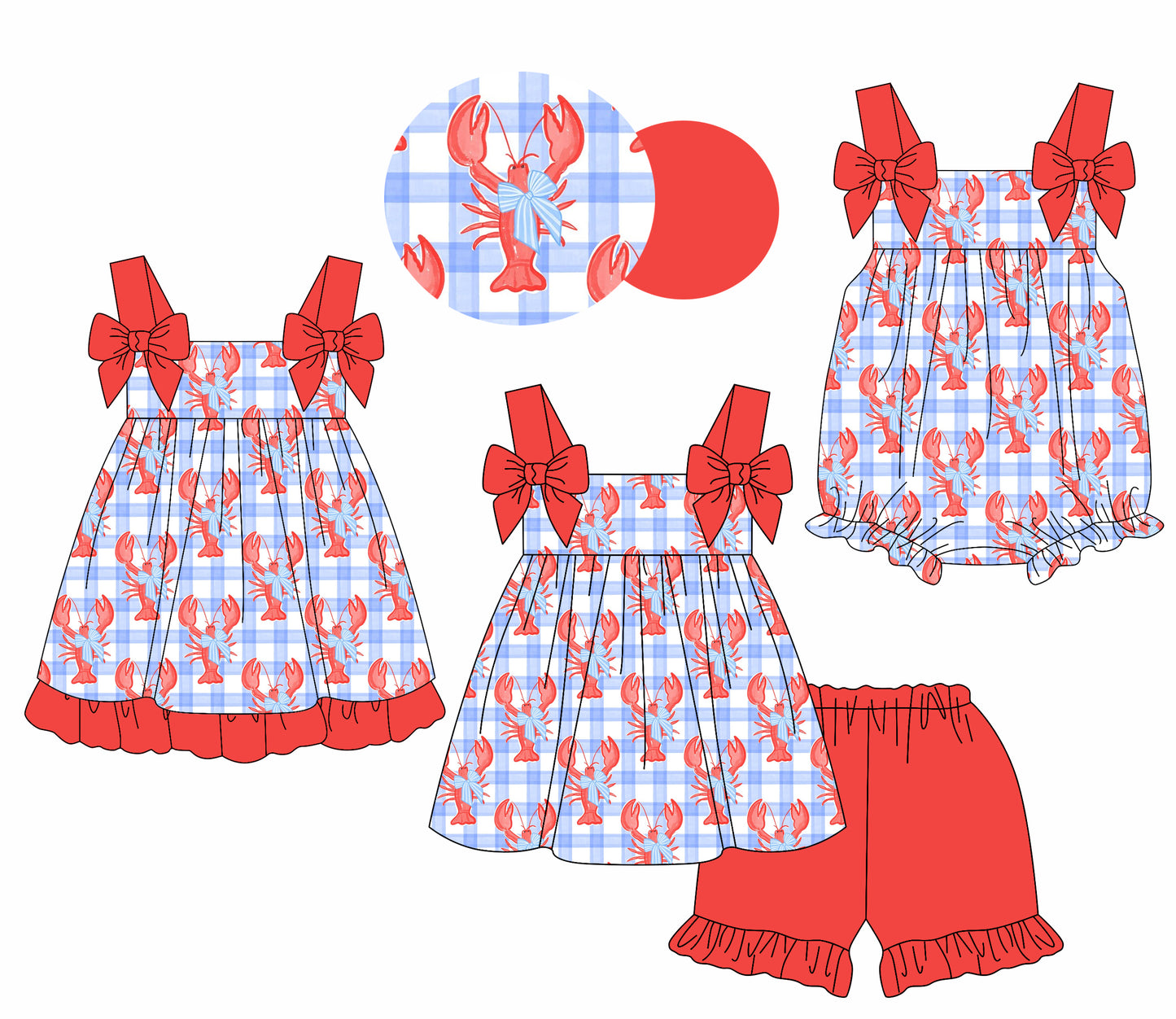 1.21 custom each style moq 5eta 4-6week Sibling Sisters crayfish bow baby girl short sleeve shorts sets and dress and rompers match family design