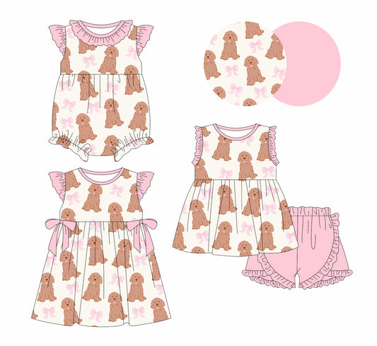 1.3 custom each style moq 5eta 4-6week Sibling Sistes dog bow baby girl short sleeve shorts sets and dress and rompers match family design