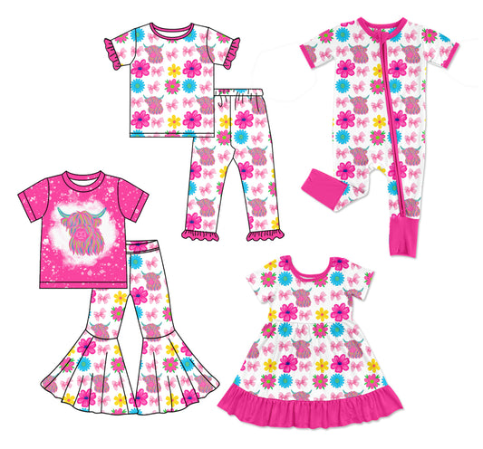 25.12.4 custom each style moq 5 eta 6-8week Sibling Sisters bow floral baby girl short sleeve pants sets 2 and dress and rompers match family design