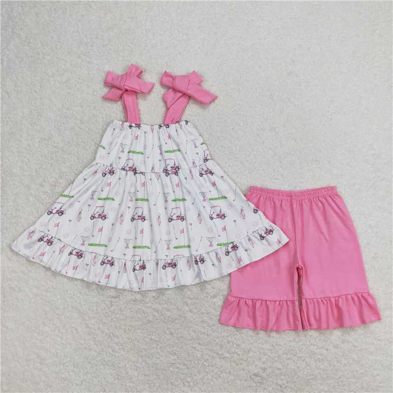 Baby Girls Golf portable car prints blue and pink、 Sibling Rompers Clothes Sets