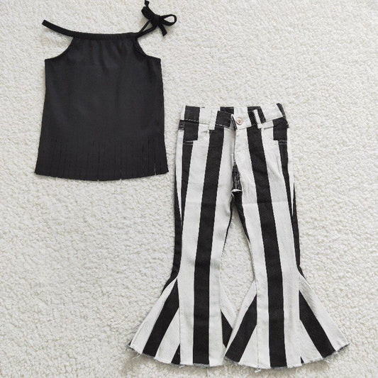 Girls Black Fringed Halter Top With Black And White Long Jeans