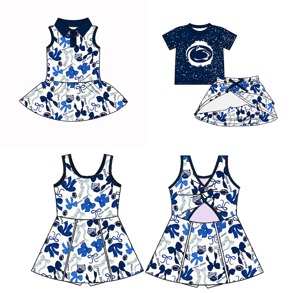 Custom moq 5 mix sizes summer teams baby girls clothes team blue short sleeve skirts shorts sets dress 1 and dress 2-25.5.10