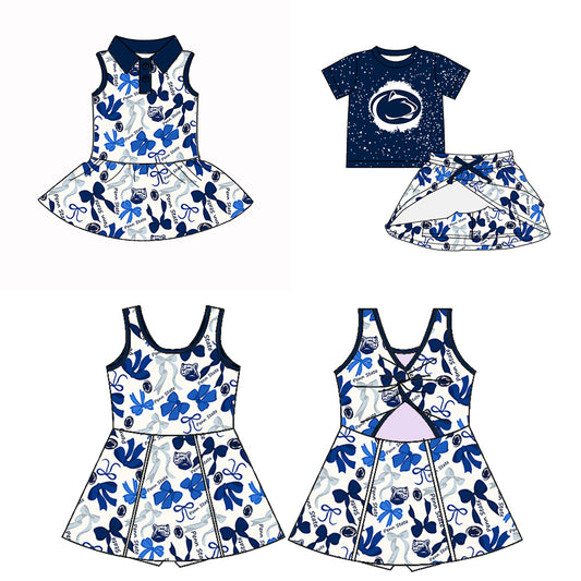 Custom moq 5 mix sizes summer teams baby girls clothes team blue short sleeve skirts shorts sets dress 1 and dress 2-25.5.10