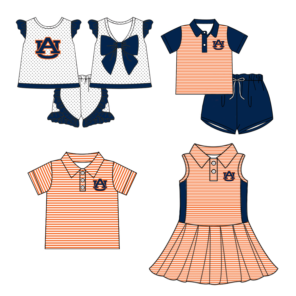 Custom summer teams baby girls clothes team orange and navy blue sets dress top-25.5.5