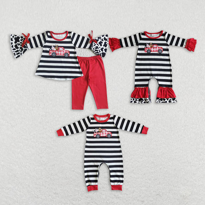 Baby Girls compact car prints black-white plaid red Sibling Rompers Clothes Sets