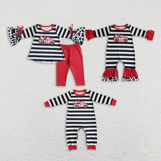 Baby Girls compact car prints black-white plaid red Sibling Rompers Clothes Sets