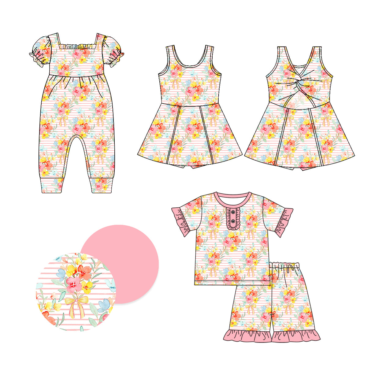 1.7 custom each style moq 5eta 4-6week Sibling Sister floral baby girl short sleeve shorts sets and dress and rompers match family design