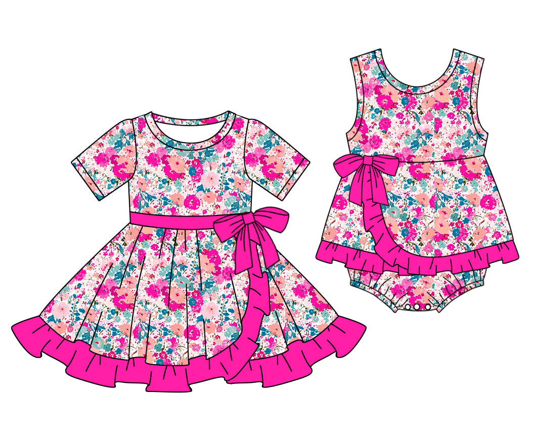 1.8 custom each style moq 5eta 4-6week Sibling Sister floral baby girl short sleeve dress and rompers match family design