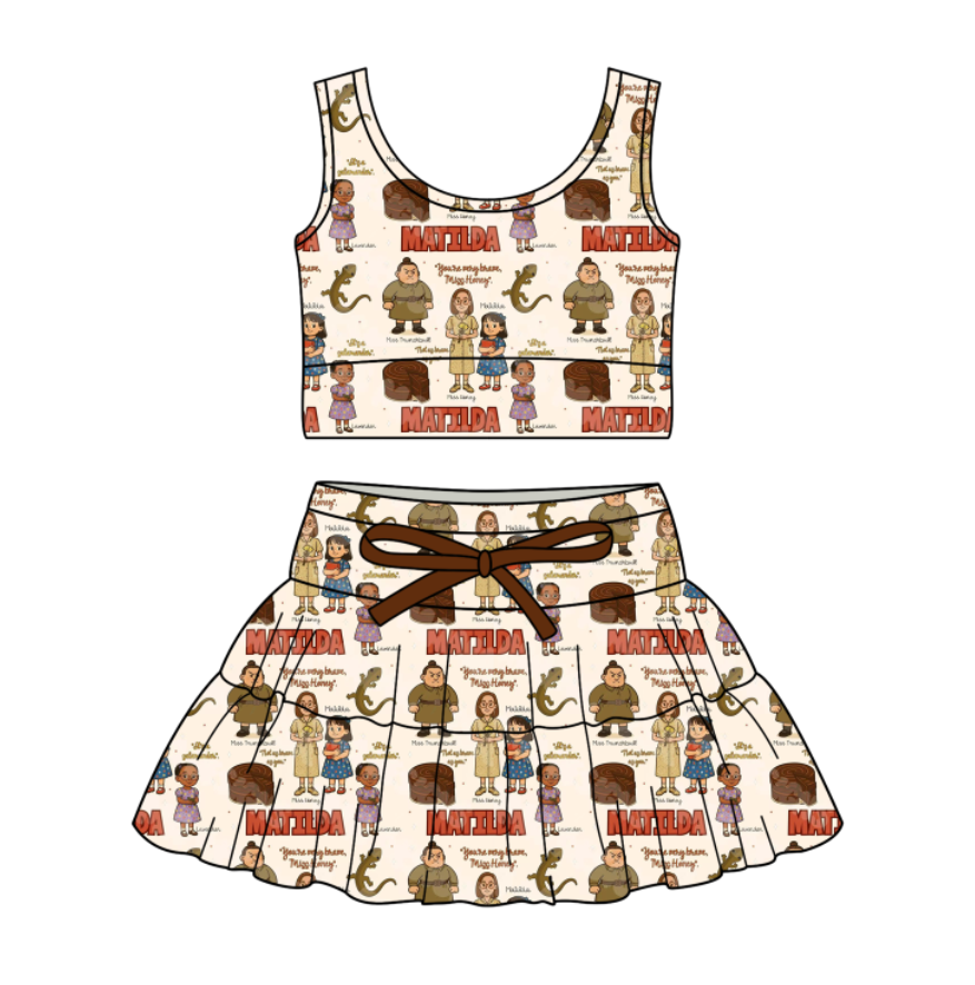 Custom moq 5 mix size milk silk baby girl clothes summer cartoon sleeveless skirts sets