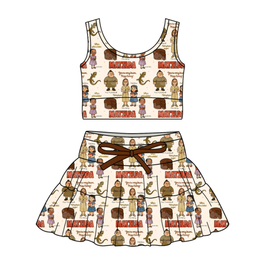 Custom moq 5 mix size milk silk baby girl clothes summer cartoon sleeveless skirts sets