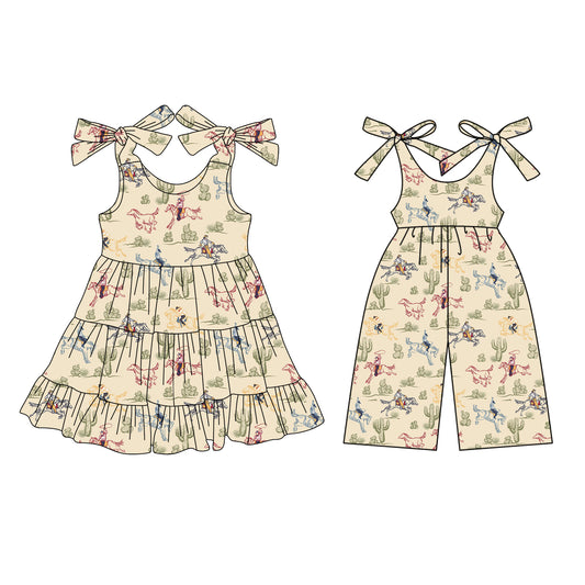 3.15 custom each style moq 5eta 4-6week Sibling Sister riding horse baby girl short sleeve dresses and jumpsuit match design