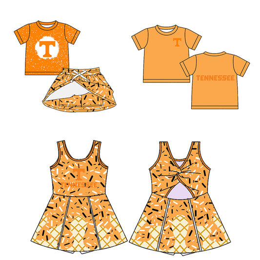 Custom moq 5 mix sizes summer teams baby girls clothes team orange short sleeve skirts shorts sets dress top-25.5.9