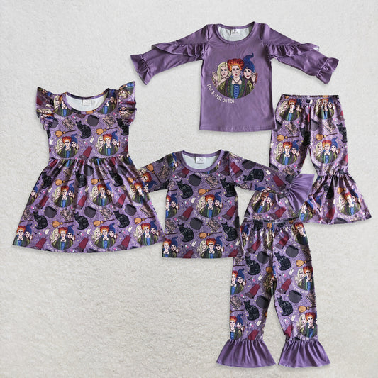 RTS NO MOQ Sibling baby Girls clothes hocus pocus purple long-sleeved trousers suit and dress
