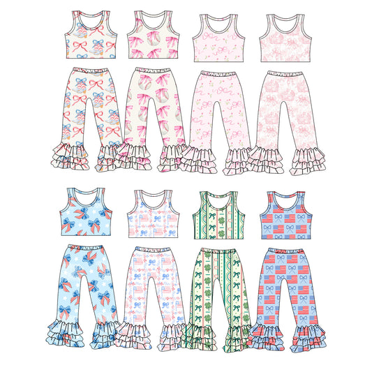 1.2 custom each style moq 5eta 4-6week Sibling Sister bow baby girls short sleeve pants sets 1 and sets 2 and sets 8 match design