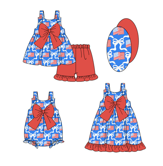 1.10 custom each style moq 5eta 4-6week Sibling Sister flag bow baby girl short sleeve shorts sets and dress and rompers match family design