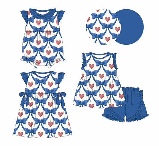 2.13 custom each style moq 5eta 4-6week Sibling Sisters bow love baby girl short sleeve shorts sets and dress and rompers match family design