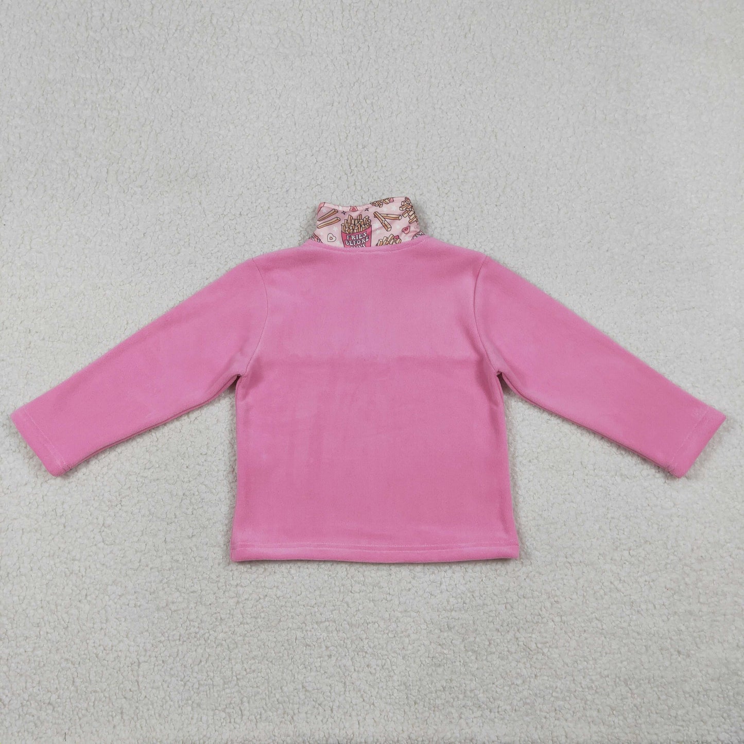 RTS NO MOQ（In Stock) fleece Pink Plush Zipper Long-Sleeve Top with Letter Fries and Heart Design