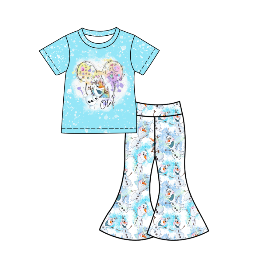 Custom moq 5 mix size milk silk baby girl clothes cartoon blue short sleeve pants sets