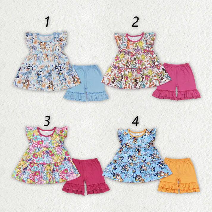 RTS NO MOQ Baby Girls Colorful Puppy Pattern Fly Sleeve Top Lace-Up Shorts Set