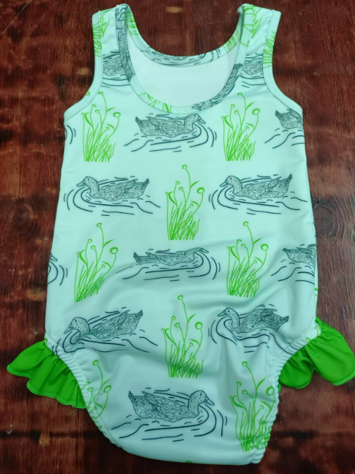 Custom moq 3 eta 6-7weeks  Hand-painted duck and water grass green sleeveless romper