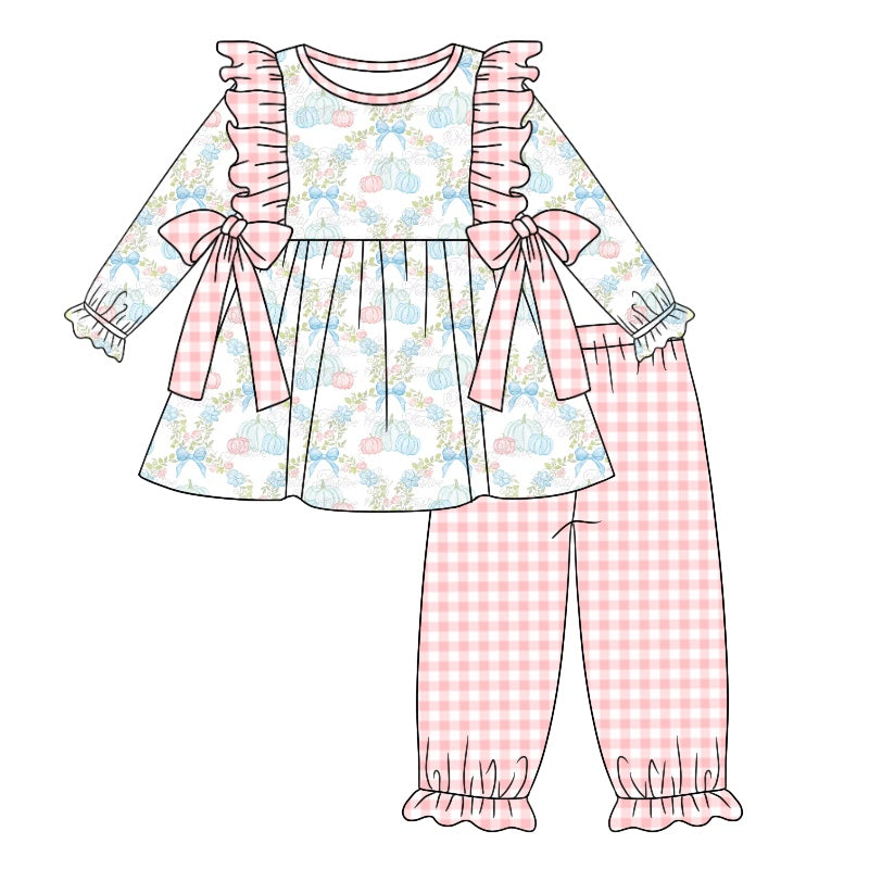 5.2custom each style moq 5eta 4-5week Sibling Sister pumpkin prints pink plaid white girls outfits and dress and baby romper match family design