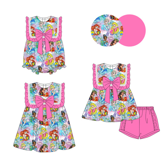 3.17 custom each style moq 5eta 4-6week Sibling Sisters cartoon baby girl short sleeve shorts sets and dress and rompers match family design